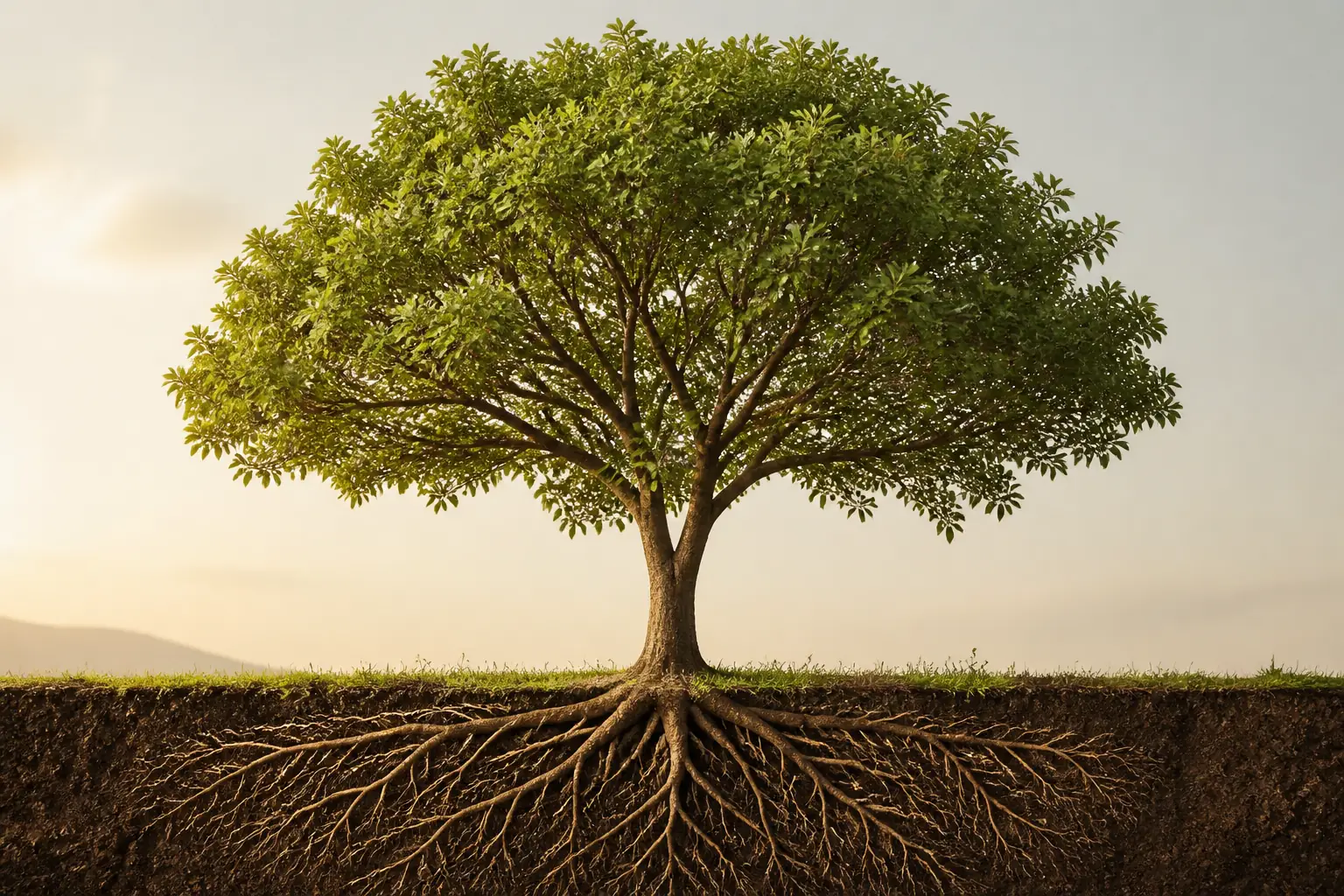 Árbol con raíces visibles bajo la superficie del suelo, metáfora de lo visible y lo invisible en los patrones que SAAMA® ayuda a identificar.