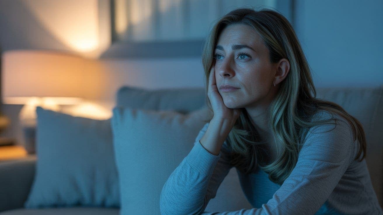 Dona desperta al sofà de nit, reflexionant sobre una decisió pendent.